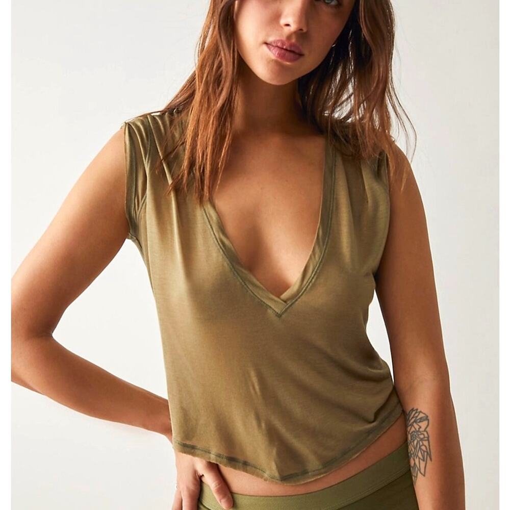 Free People Intimately THREE, TWO, ONE V-NECK TEE Sheer Tee in Moss Green L NWOT